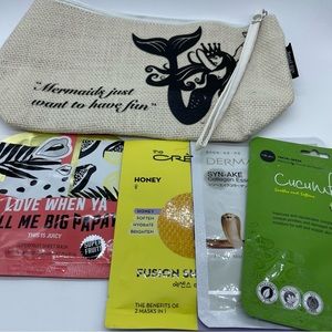 Lot “Mermaids Just Want To Have Fun” Cosmetic Bag and 4 Face Masks